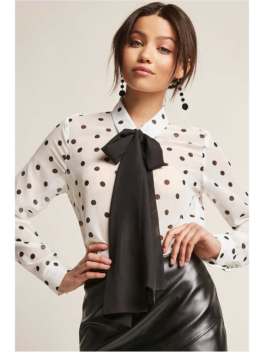 Voilà Polka Dot Tie-Neck Blouse in White and Black Size Medium